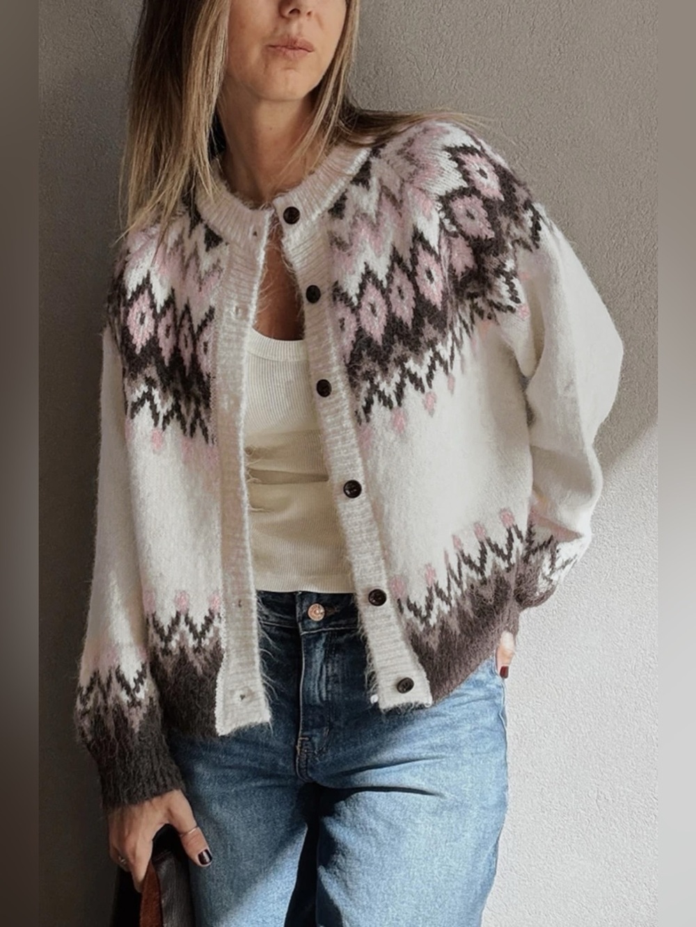 Geometric Pattern Brushed Knit Button Cardigan - Picture 2 of 14